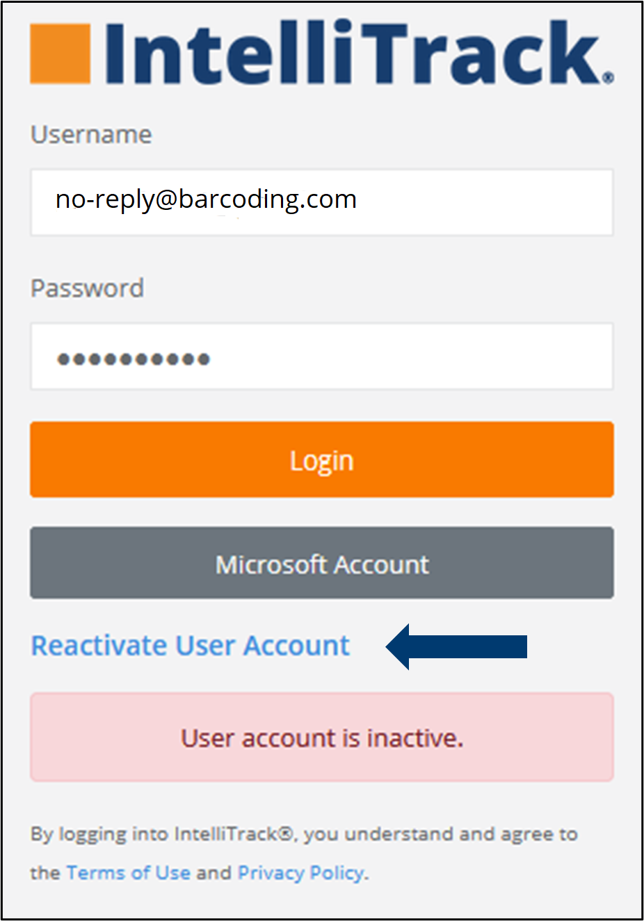 Log In screen with an arrow pointing to the Reactivate User Account link above the User account is inactive message