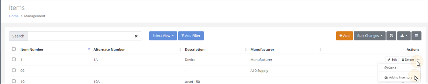 Items page with the More Options menu open in the Actions column showing Clone and Add to Inventory