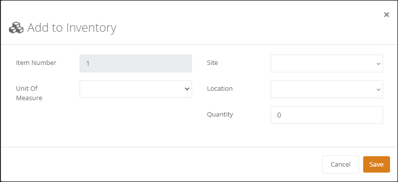Add to Inventory popup with Item Number, Unit Of Measure, Site, Location and Quantity fields