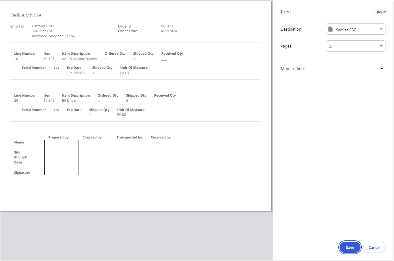 Print window previewing the Delivery Note with the Ship To address, order lines and the signature boxes