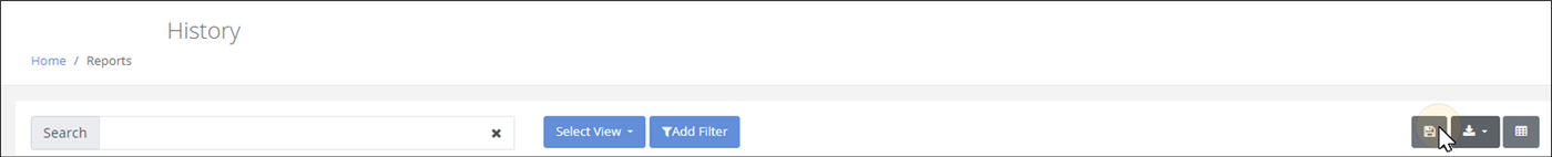 History page toolbar with the pointer on the Save View button next to the Export and Manage Columns buttons