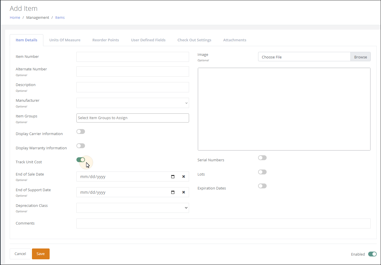 Add Item page, Item Details tab, with the Track Unit Cost toggle switched on