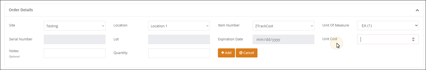 Order Details section with Site, Location, Item Number, Unit Of Measure and Quantity fields and the pointer on the Unit Cost field