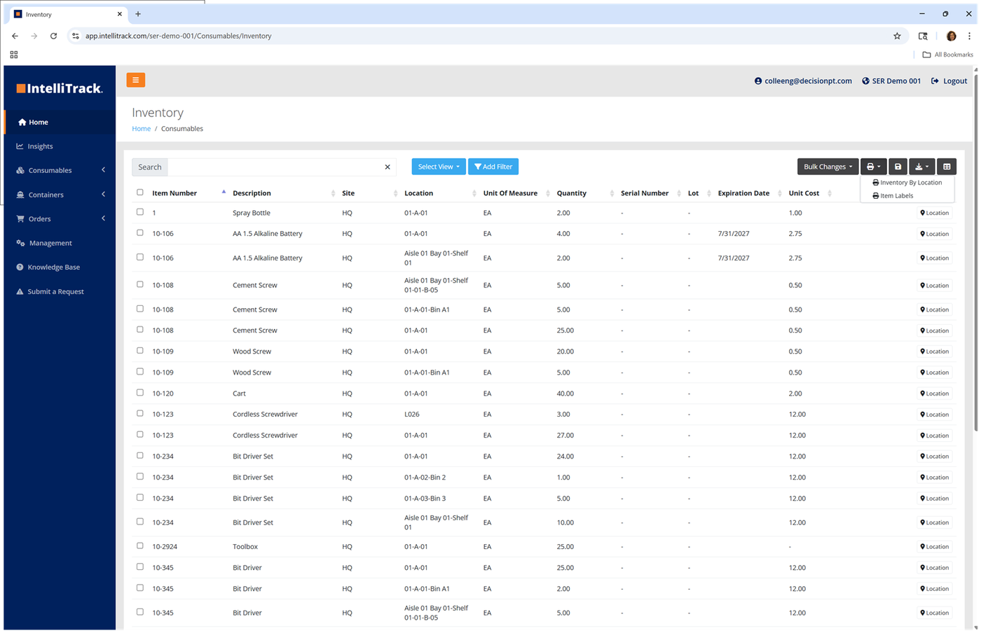 Inventory page with the Print button menu open to the Inventory By Location and Item Labels options