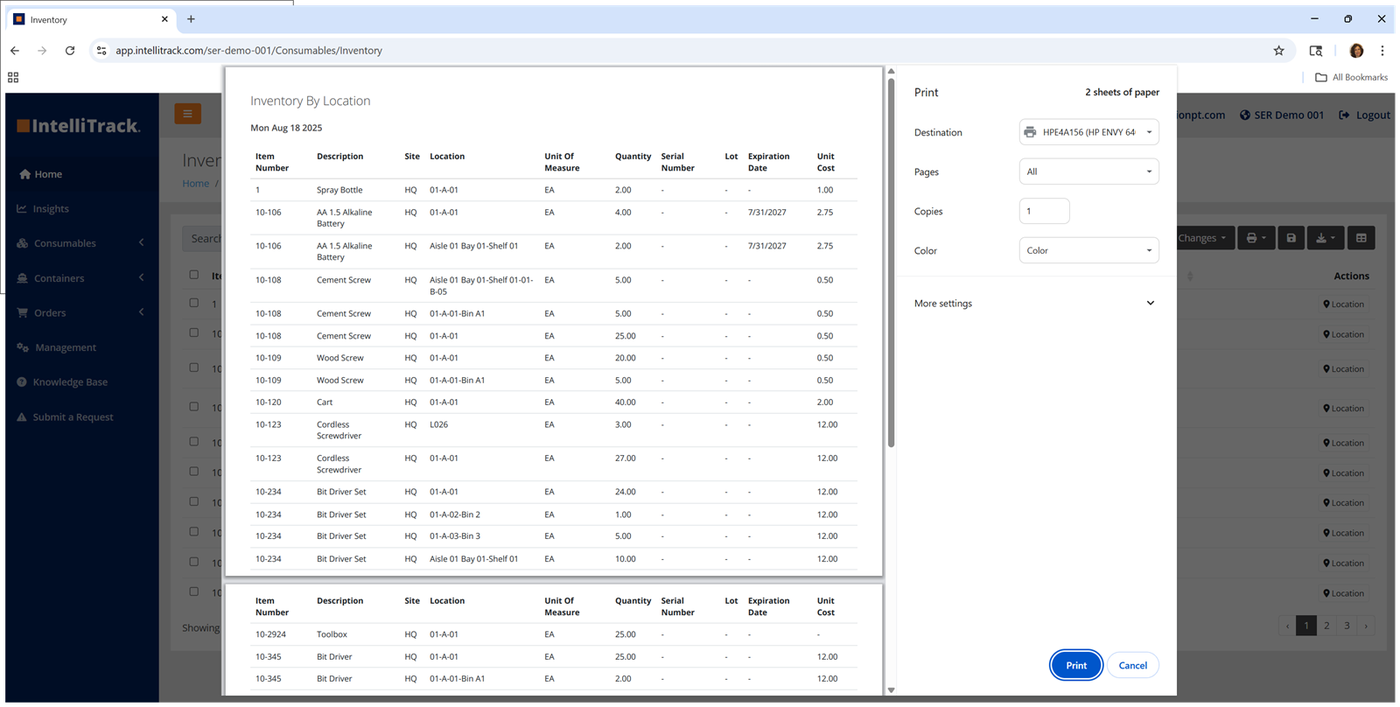 Print window showing a preview of the Inventory By Location report with Destination, Pages, Copies and Color settings