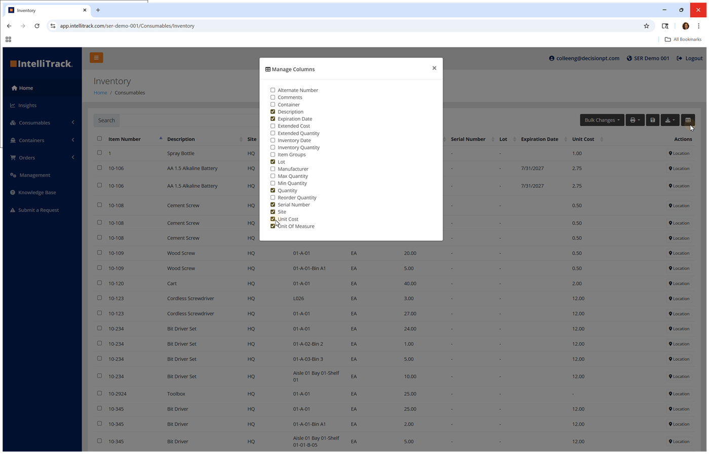 Manage Columns dialog over the Inventory page with the pointer on the Unit Cost column checkbox