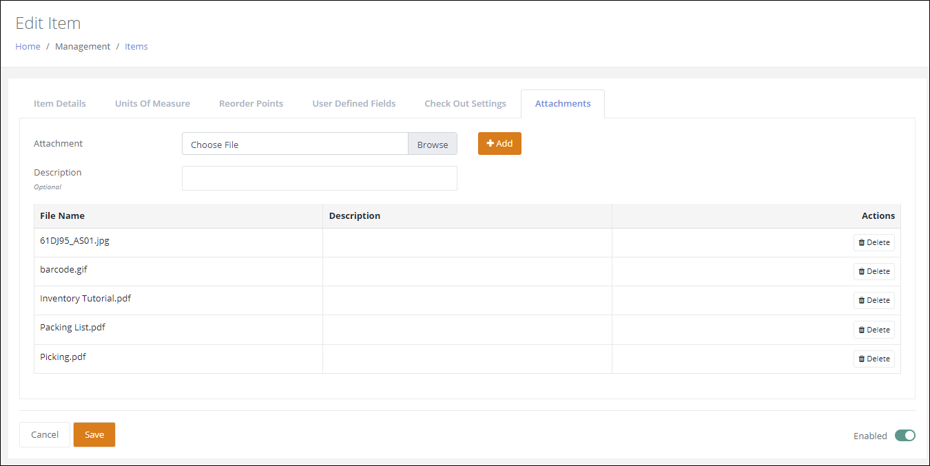 Edit Item page on the Attachments tab with the Attachment and Description fields and a grid of attached files