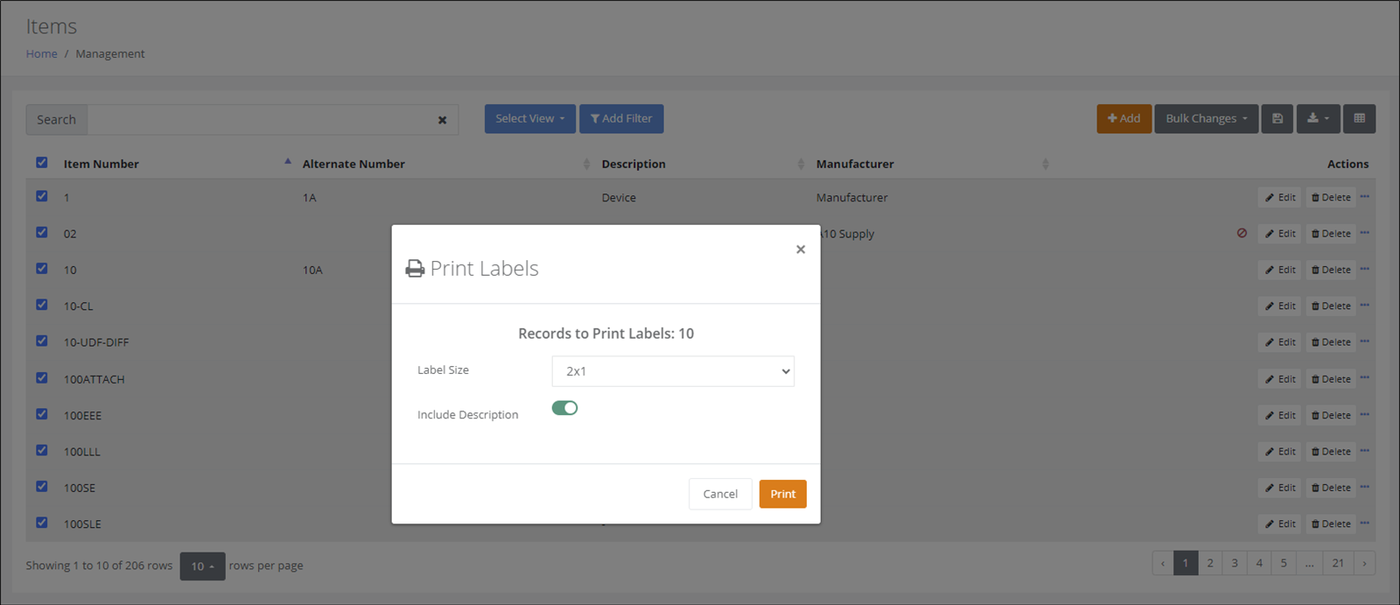 Print Labels popup showing Records to Print Labels, the Label Size list, the Include Description toggle and the Print button