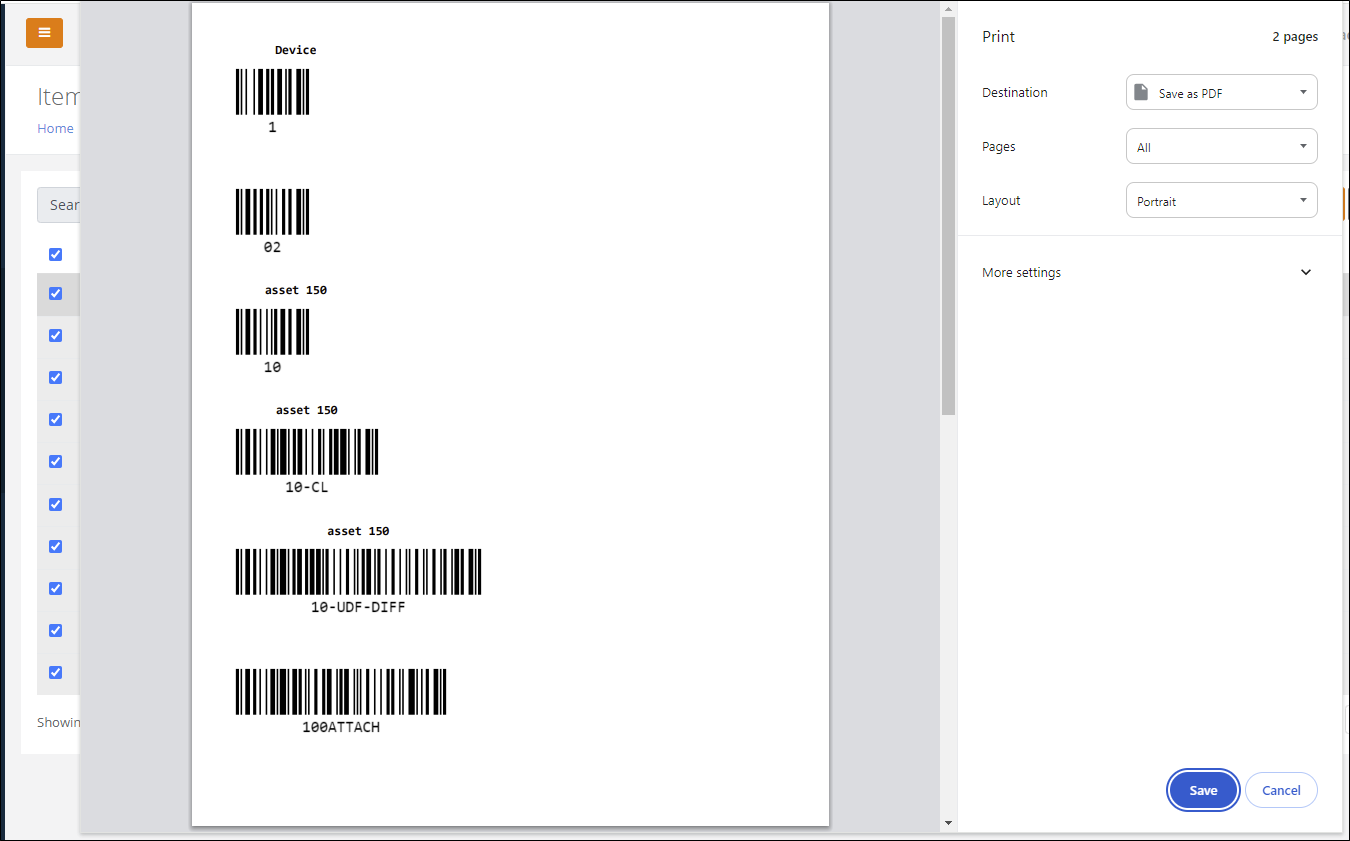 Print window previewing item labels, each with a description and a barcode for the item number