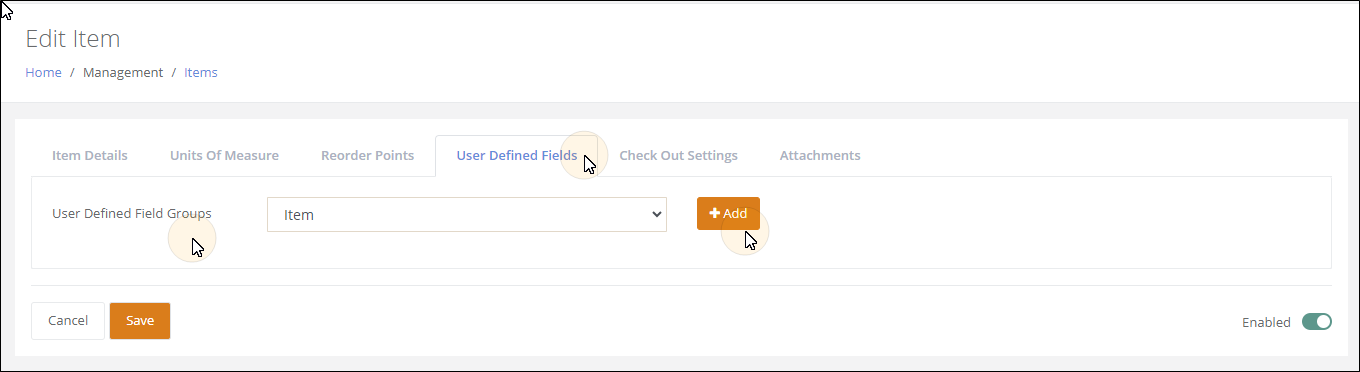 Edit Item page on the User Defined Fields tab with the User Defined Field Groups list and the Add button