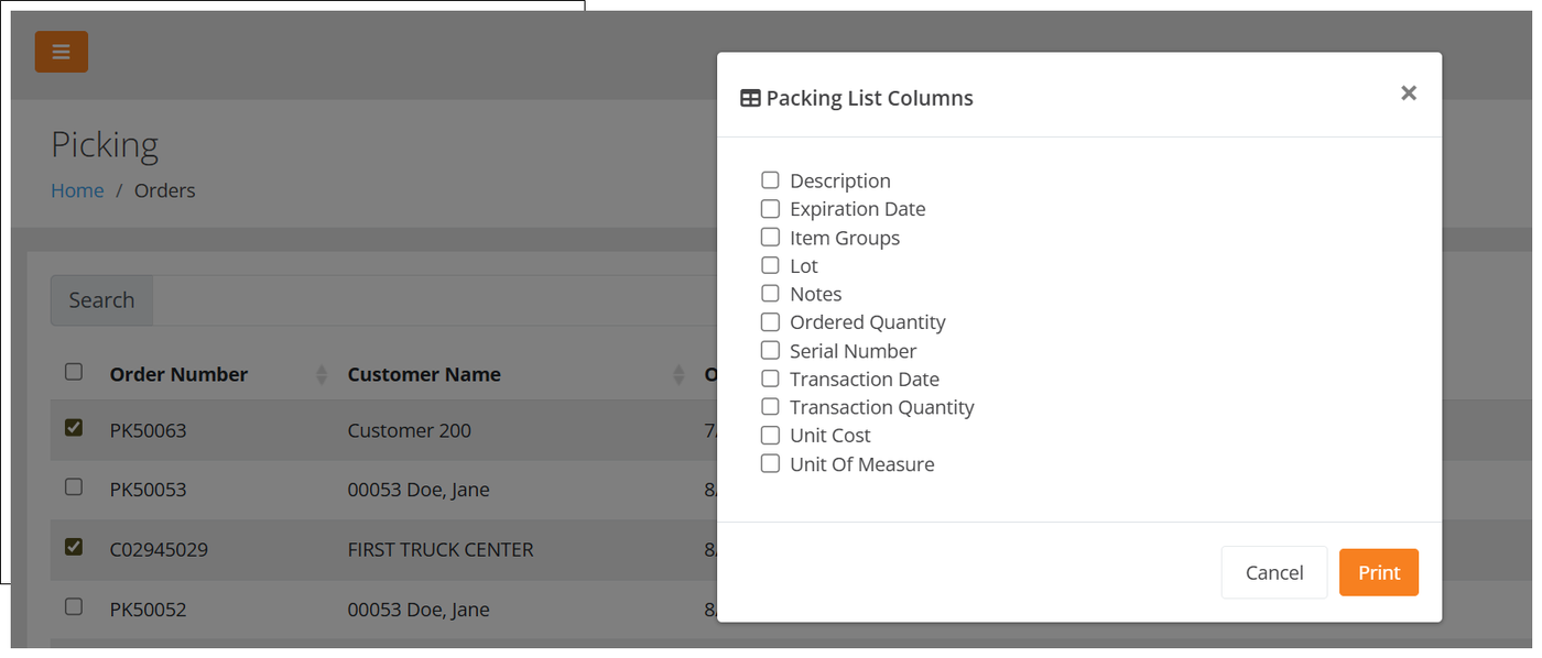 Packing List Columns window listing column checkboxes such as Description, Lot and Unit Cost, with the Print button