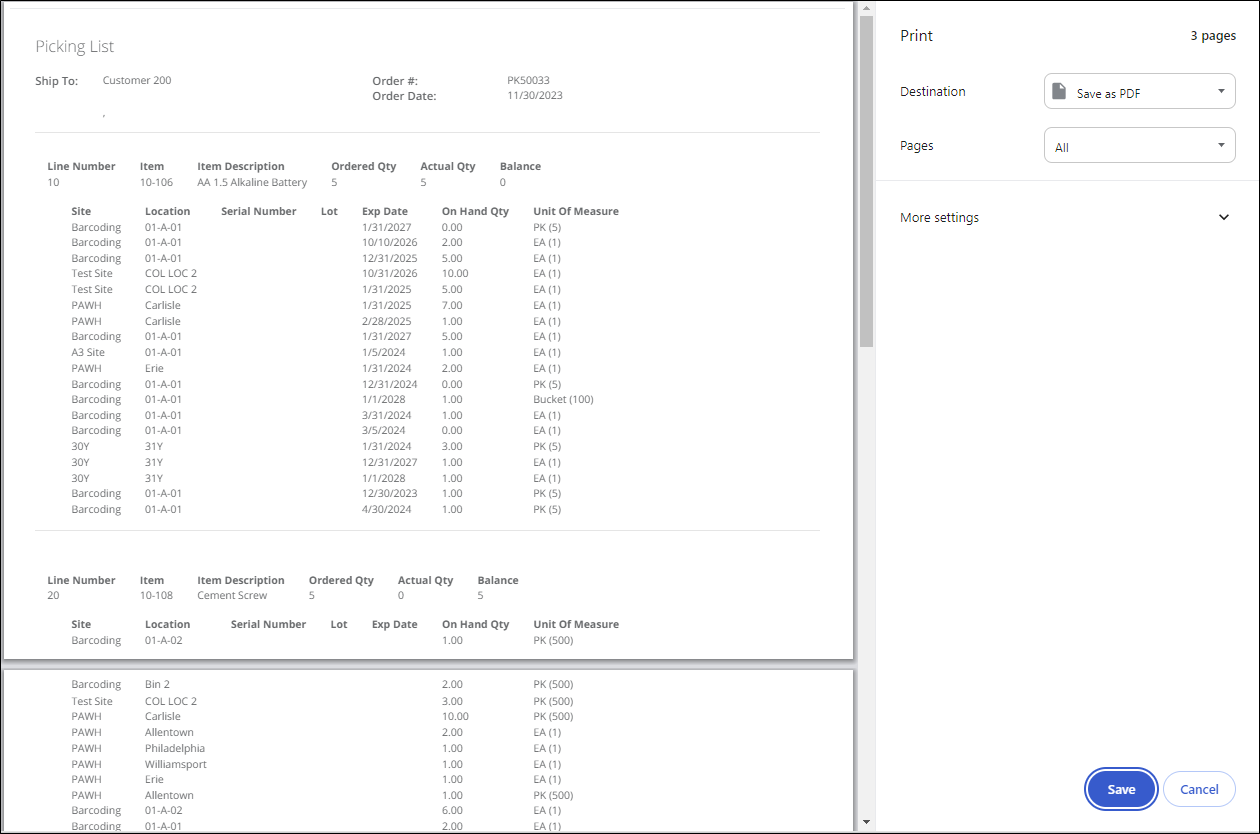 Print window showing a Picking List preview with order lines and site, location and on hand quantity details