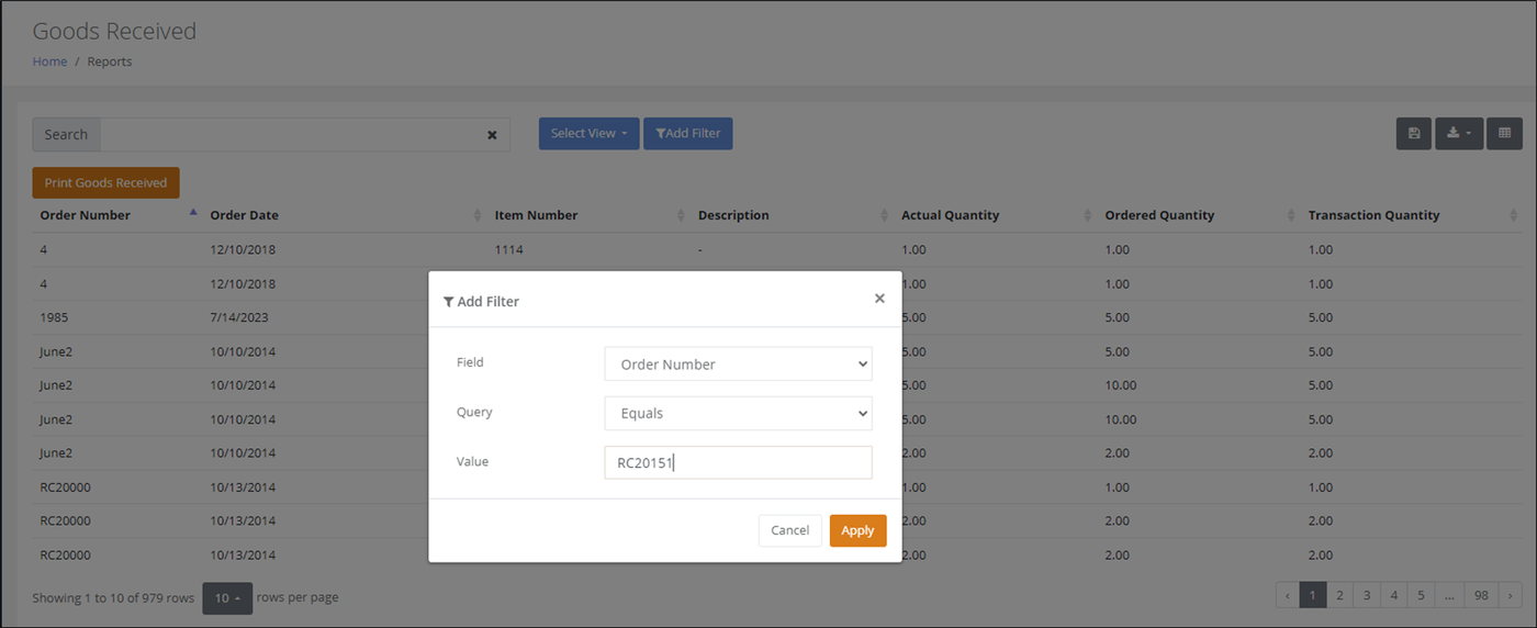 Goods Received page with the Add Filter dialog set to Order Number, Equals and an order number in the Value field