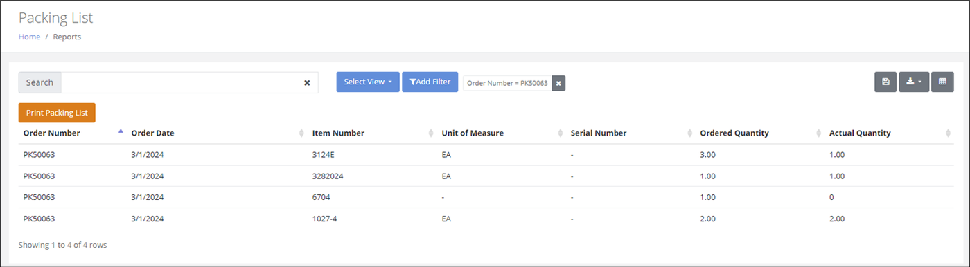 Packing List page filtered by an Order Number filter, with the Print Packing List button above the order lines