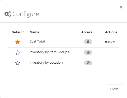 Configure dialog listing saved views with a filled star in the Default column for Cost Total