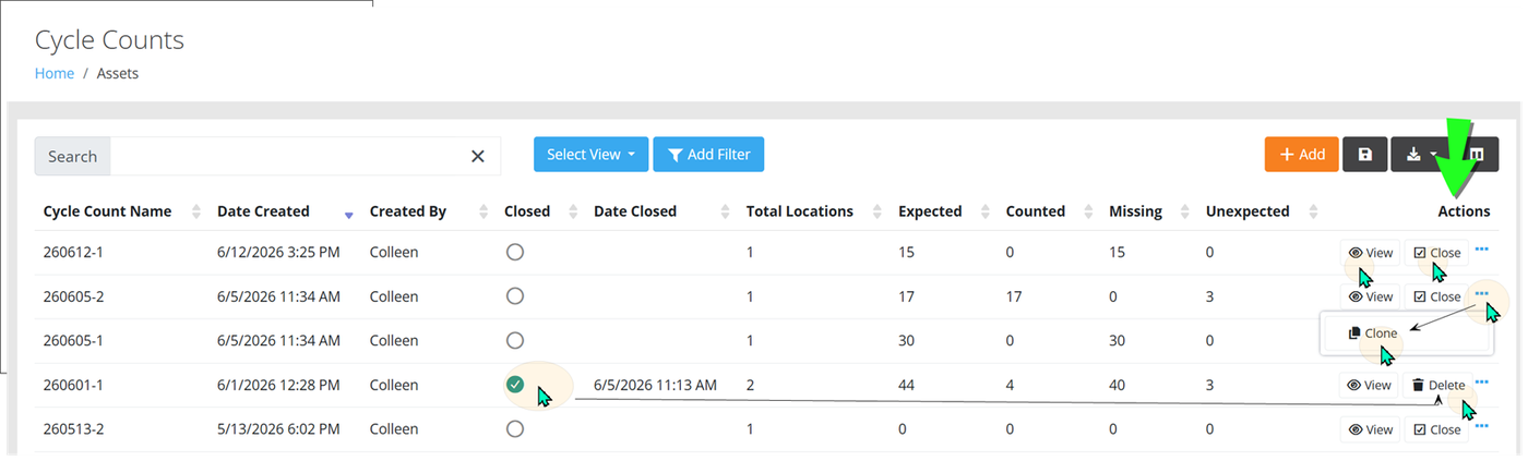 Cycle Counts page with the View, Close, Clone and Delete options in the Actions column highlighted