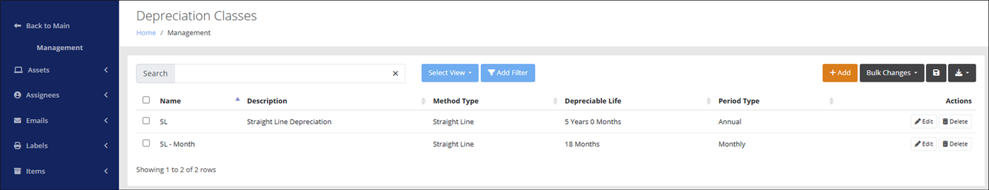 Depreciation Classes page listing classes with Method Type, Depreciable Life and Period Type, and the Add button