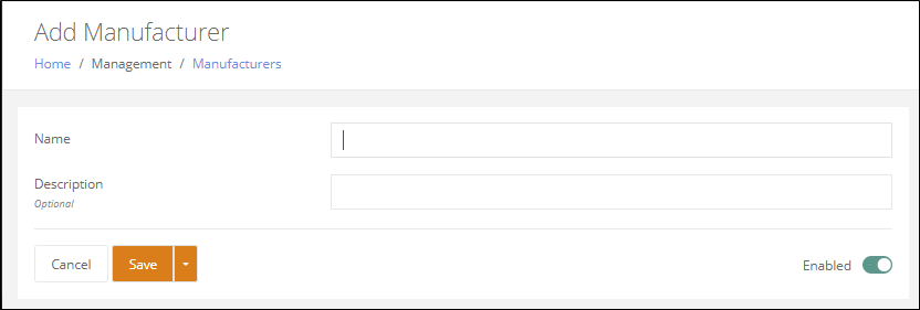 Add Manufacturer page with the Name and optional Description fields, the Enabled toggle and the Save button
