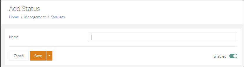 Add Status page with the Name field, the Enabled toggle and the Save button