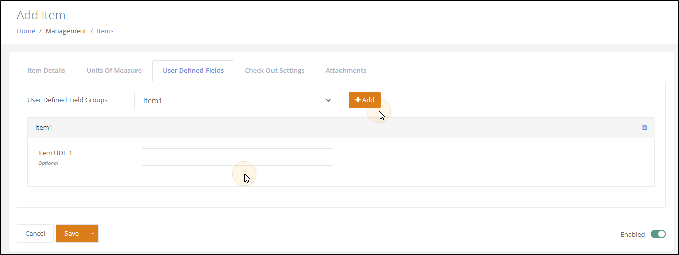 Add Item page, User Defined Fields tab, with the Item1 field group added and its Item UDF 1 field shown below the Add button
