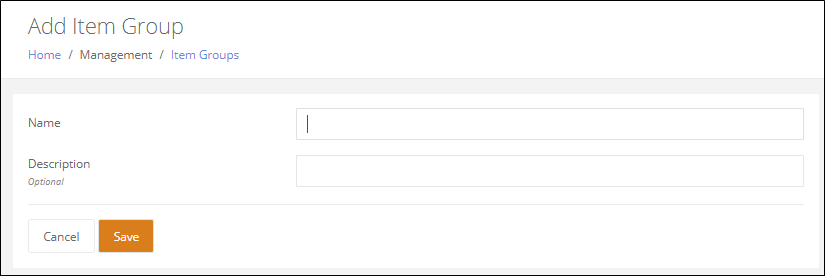 Add Item Group page with the Name field, an optional Description field and the Save button