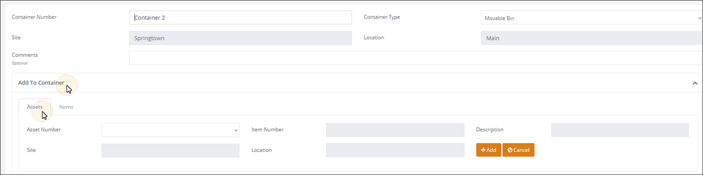 Container page with the Add To Container section open on the Assets tab, showing the Asset Number field and Add button