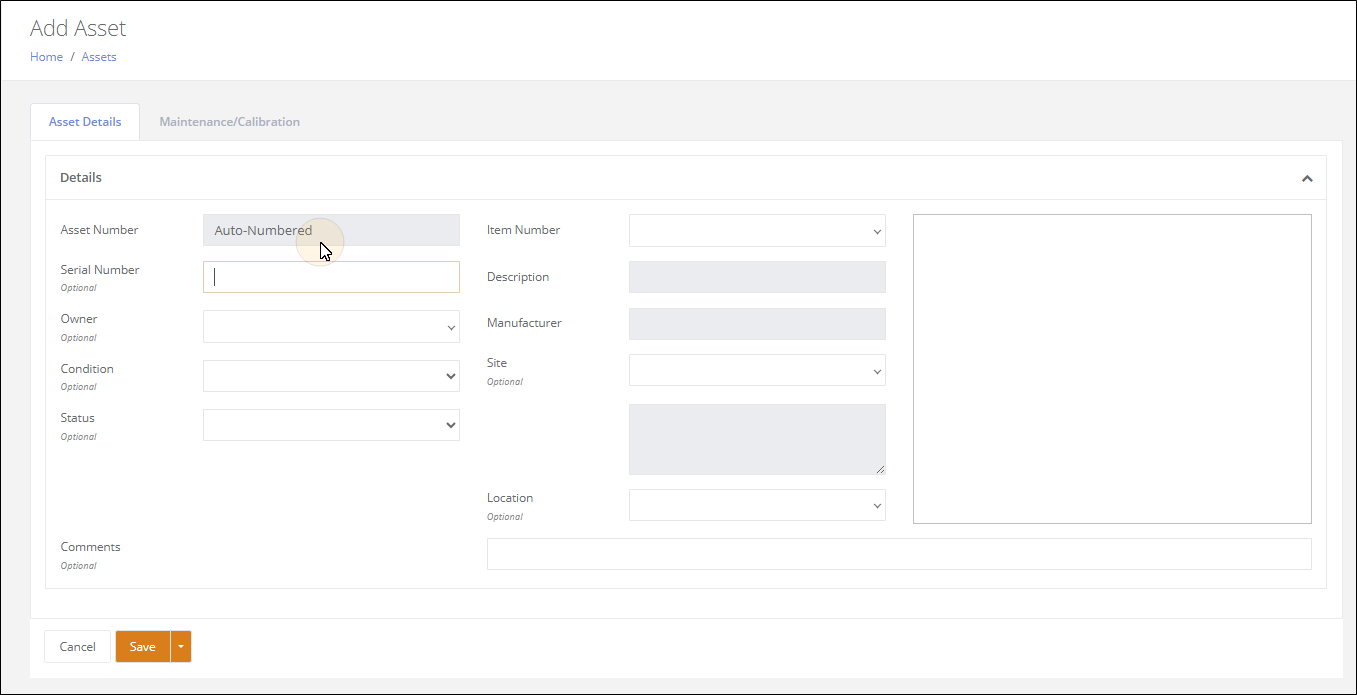 Add Asset page with Auto-Numbered shown in the read-only Asset Number field on the Asset Details tab