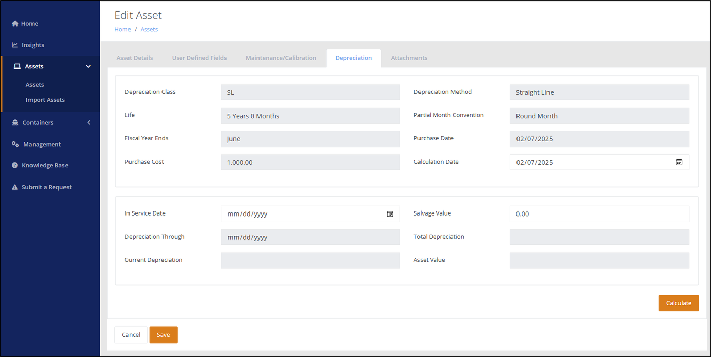 Edit Asset page, Depreciation tab, showing Depreciation Class, Method, Life, Purchase Cost, Calculation Date, In Service Date and Salvage Value with the Calculate button