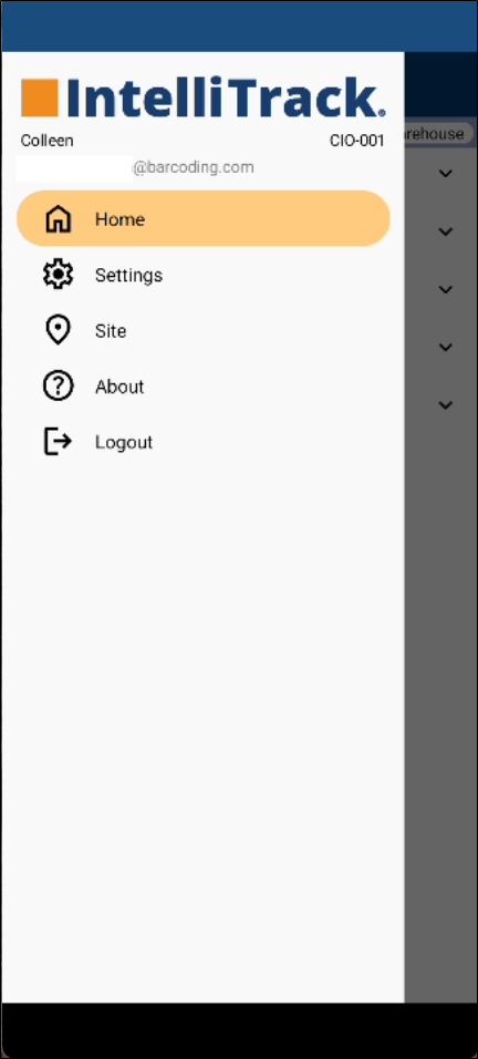 IntelliTrack Mobile hamburger menu open with the Home, Settings, Site, About and Logout options