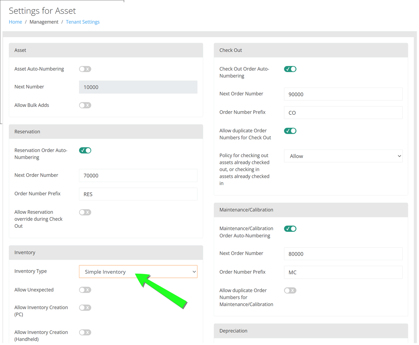 Settings for Asset page with an arrow pointing to the Inventory Type field, set to Simple Inventory, in the Inventory section