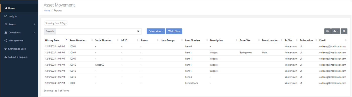 Asset Movement report showing the last 7 days of asset moves with From Site, From Location, To Site and To Location columns