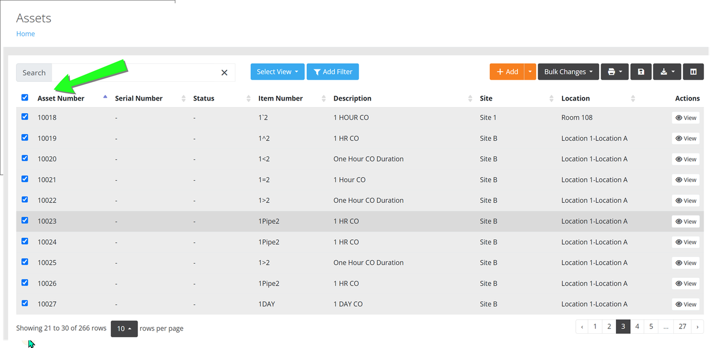 Assets page with an arrow pointing to the header check box and all visible asset rows selected for printing labels