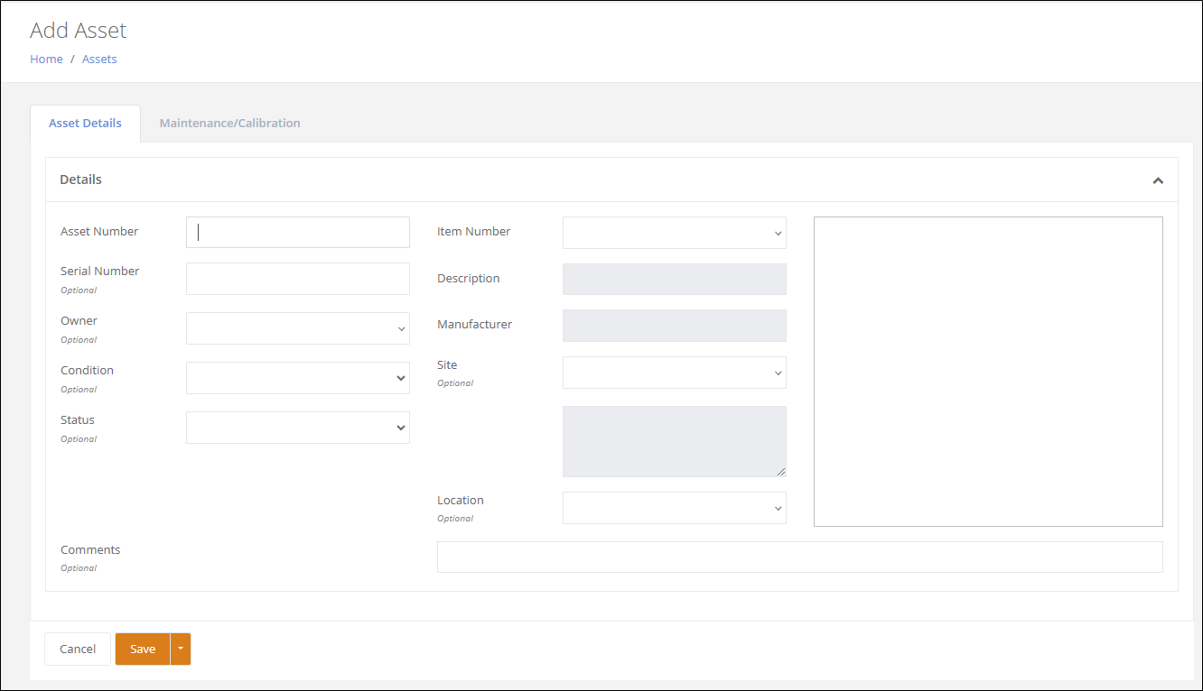 Add Asset page on the Asset Details tab with the Asset Number, Item Number, Site, Location and other asset fields