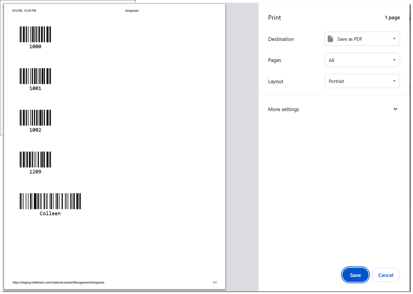 Print window with a preview of assignee barcode labels and the Destination, Pages and Layout options beside it