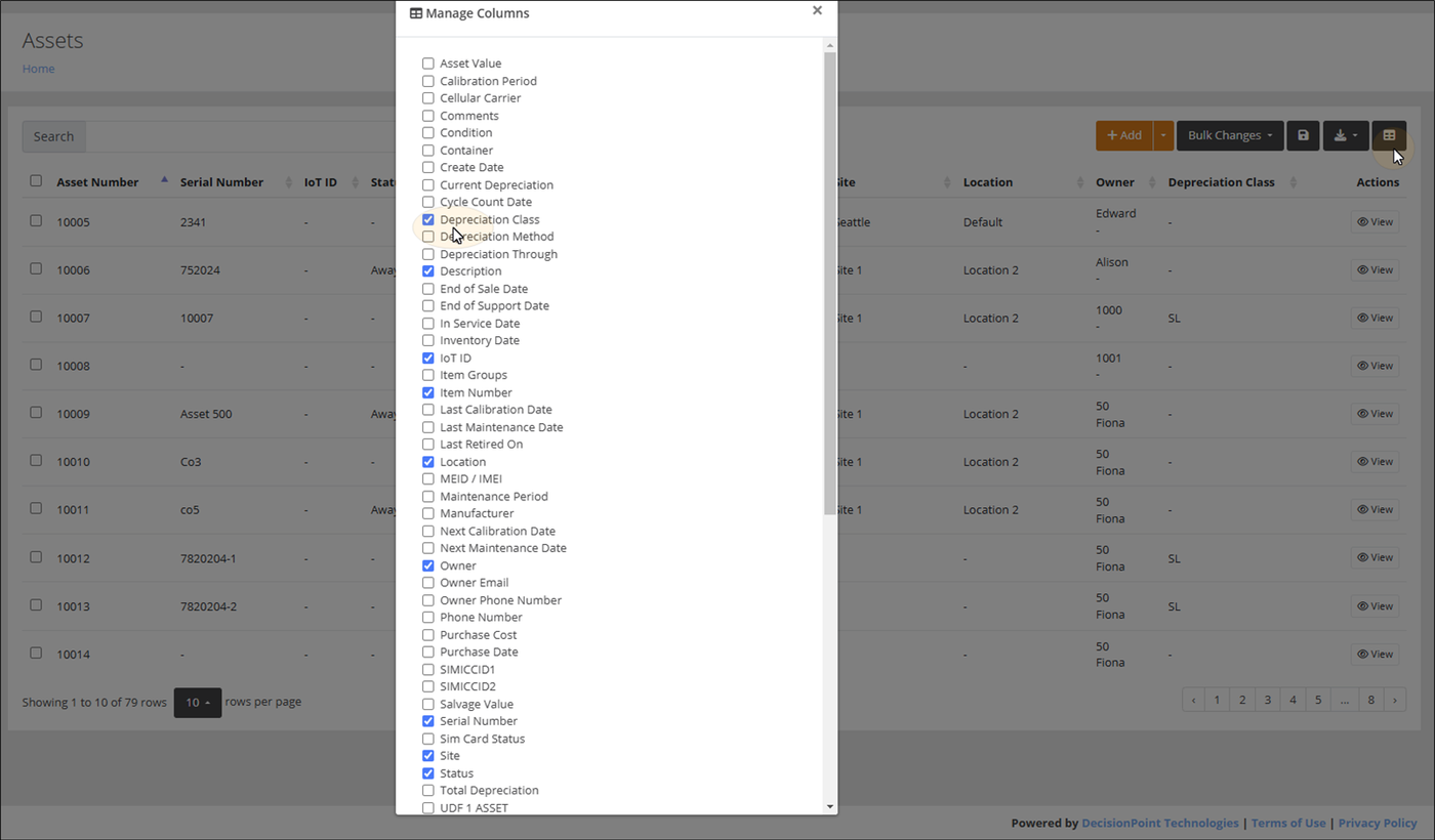 Manage Columns popup over the Assets page with the Depreciation Class check box selected to add that column
