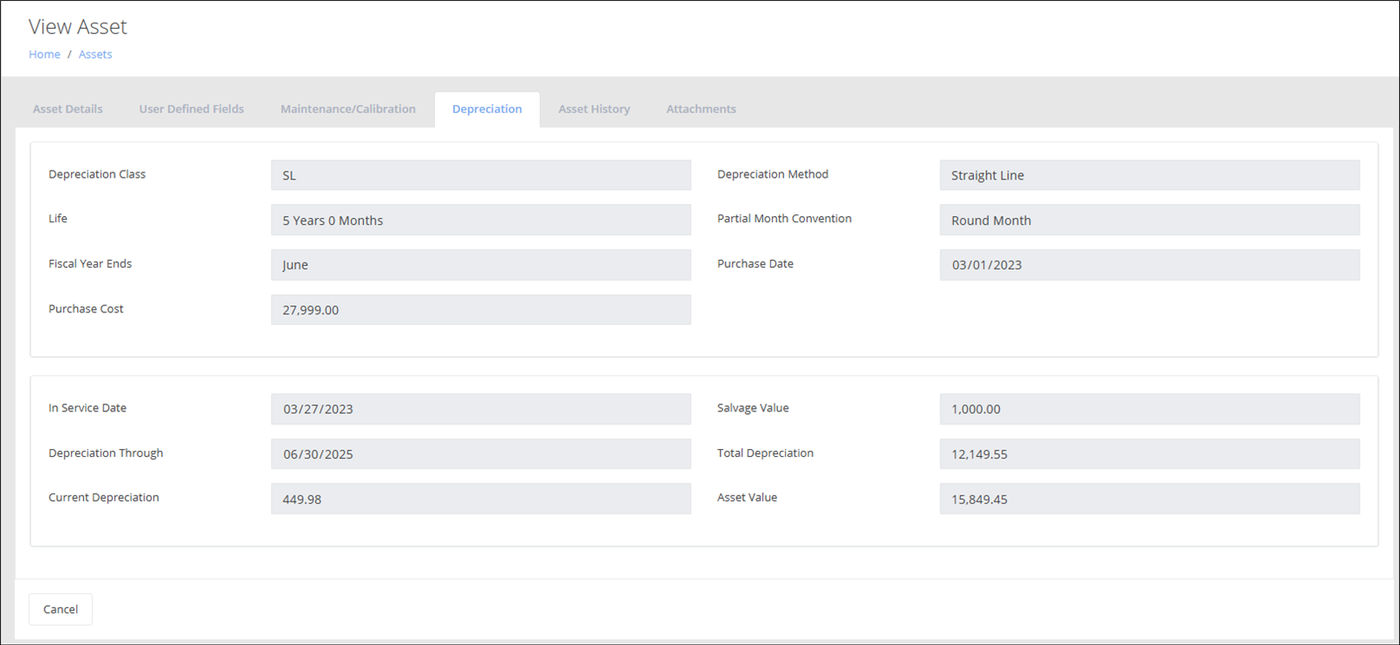 View Asset page on the Depreciation tab showing Depreciation Class, Life, Purchase Cost, Total Depreciation and Asset Value