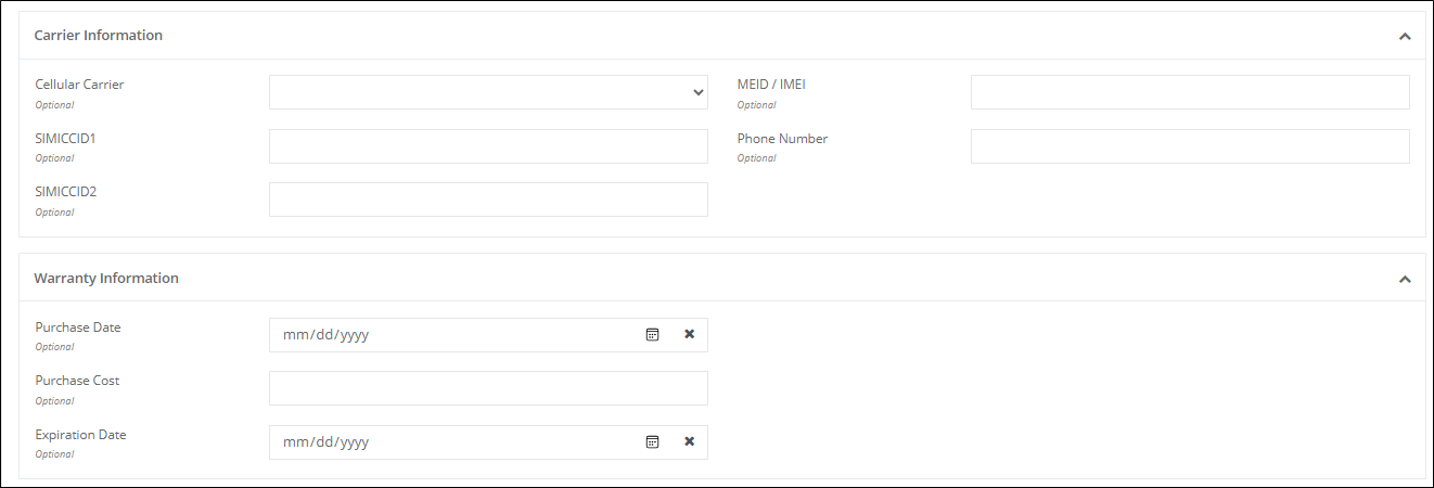 Carrier Information section with Cellular Carrier, SIMICCID1, SIMICCID2, MEID / IMEI and Phone Number fields, above the Warranty Information section with Purchase Date, Purchase Cost and Expiration Date