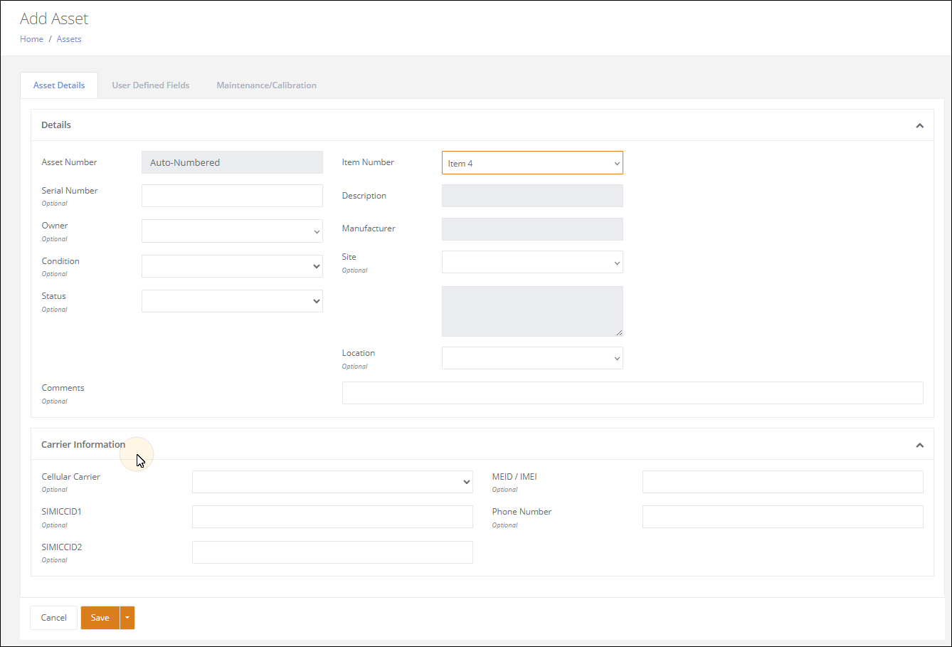 Add Asset page with the Carrier Information section showing the Cellular Carrier, SIMICCID1, SIMICCID2, MEID / IMEI and Phone Number fields