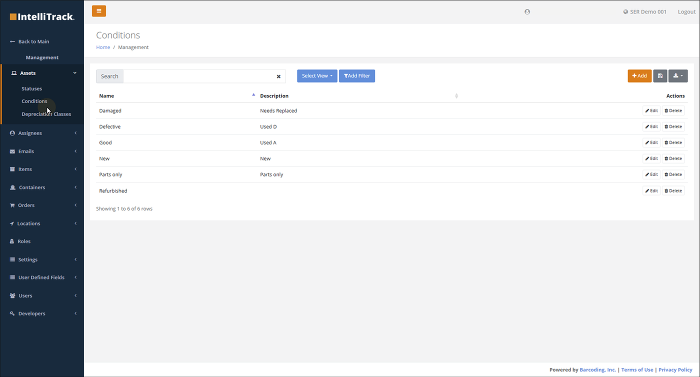 Conditions page opened from Assets > Conditions in the Management menu, listing condition names and descriptions