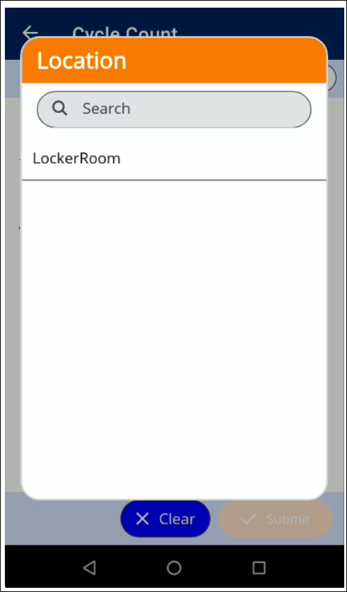 Location popup in IntelliTrack Mobile with a Search field and one saved count location listed