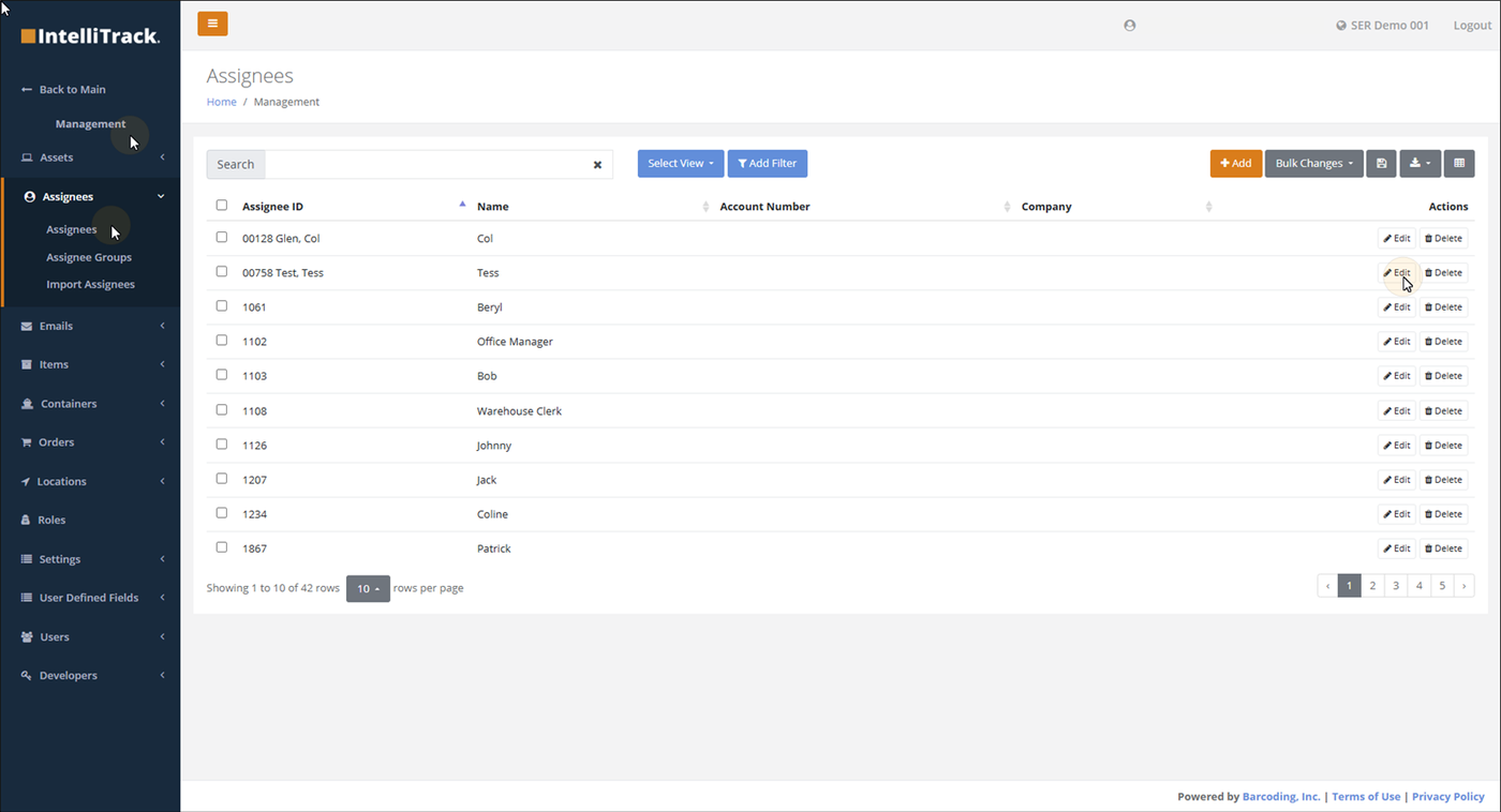 Assignees page listing assignees by Assignee ID and Name, with the pointer on the Edit button in the Actions column