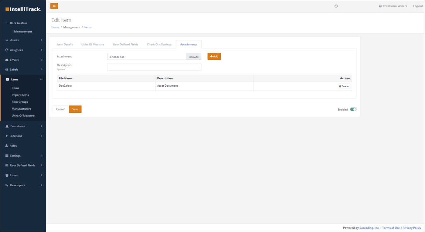 Edit Item page, Attachments tab, with an attached file listed in the File Name and Description grid