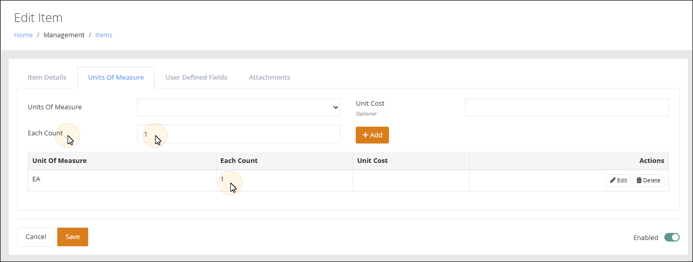 Edit Item page, Units Of Measure tab, with the Each Count field set to 1 and an EA unit of measure listed below