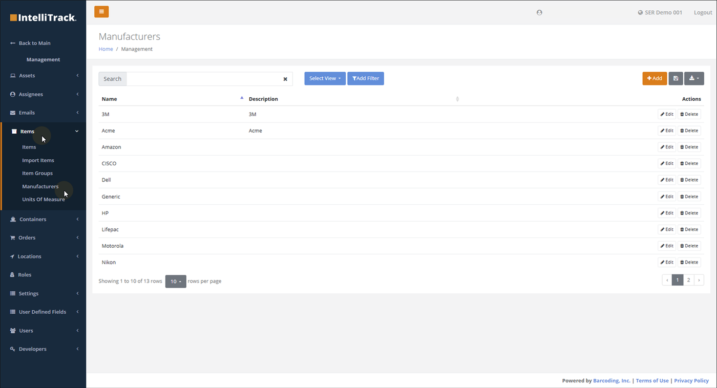 Manufacturers page reached from Management > Items > Manufacturers, listing manufacturer names with Edit and Delete actions