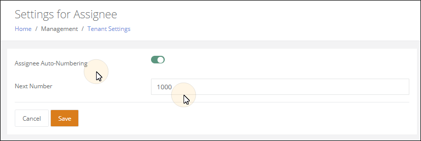 Settings for Assignee page with the Assignee Auto-Numbering toggle enabled and the Next Number field set to 1000