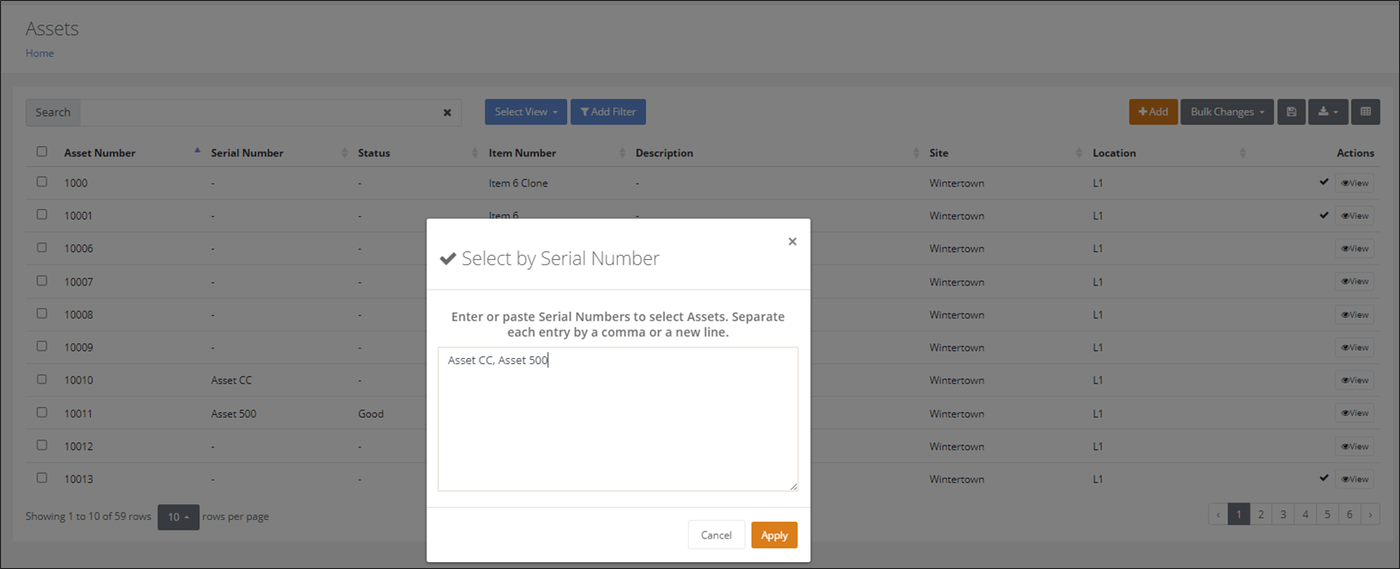 Select by Serial Number popup over the Assets page with two serial numbers entered, separated by a comma, and the Apply button