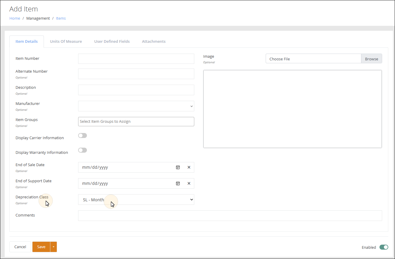 Add Item page on the Item Details tab with a depreciation class selected in the Depreciation Class field