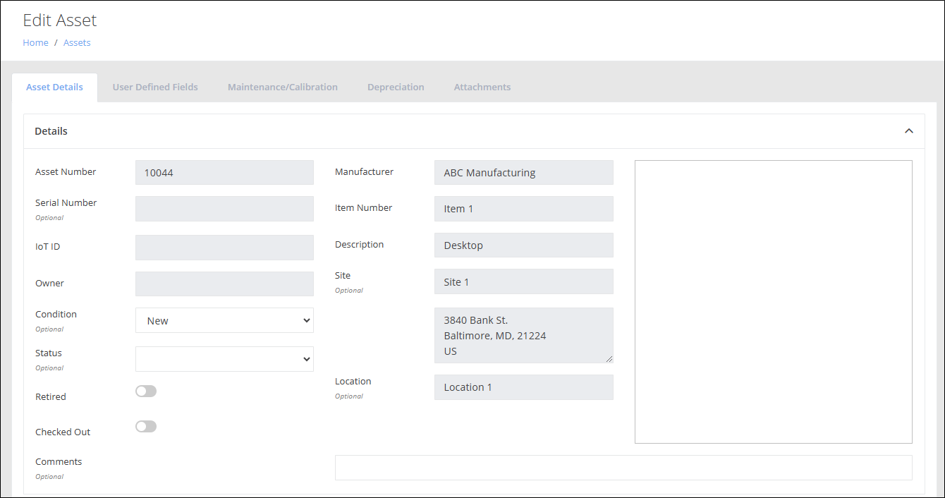 Edit Asset page on the Asset Details tab with the item, site and location details and the Depreciation tab