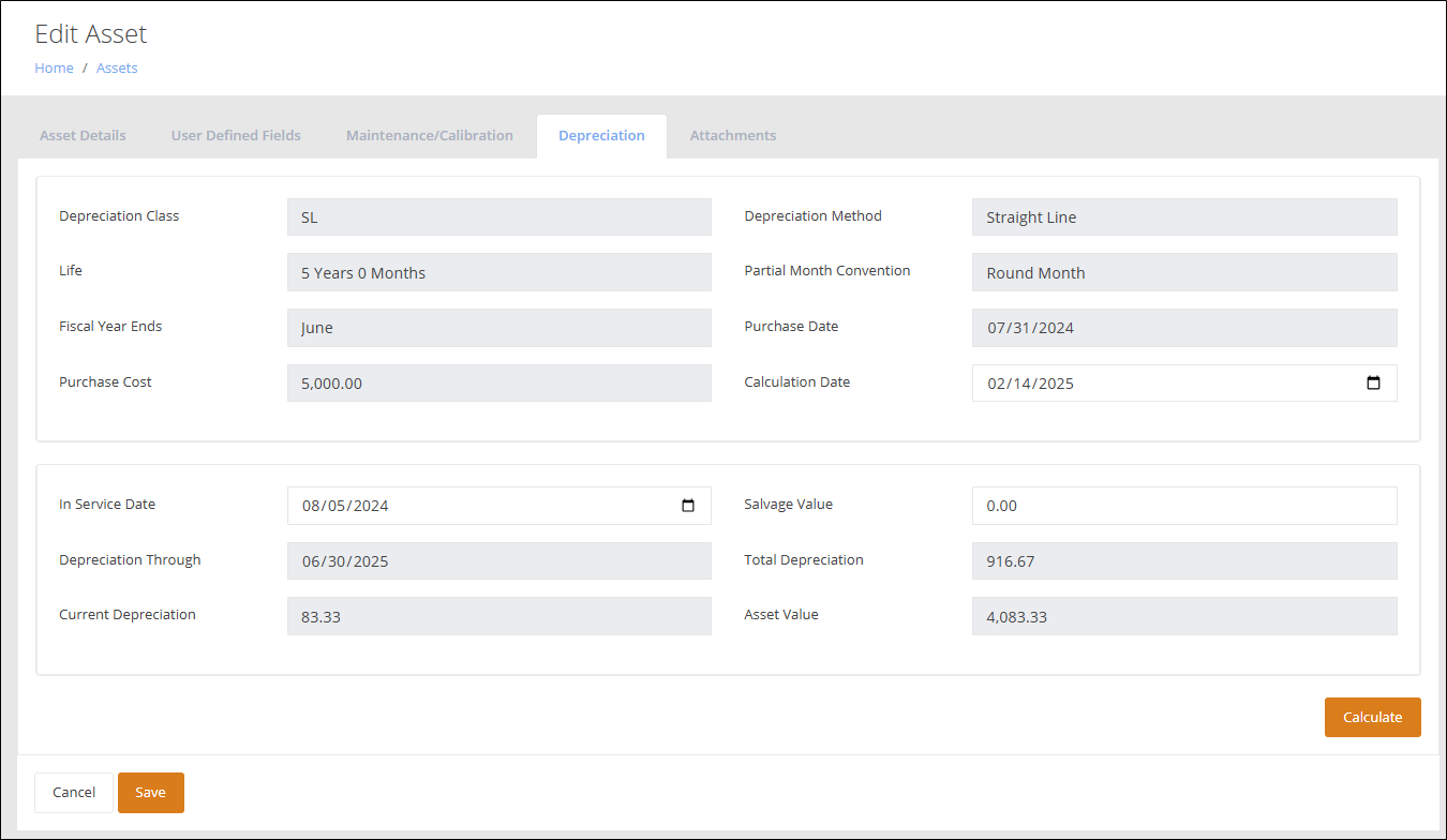 Edit Asset page, Depreciation tab, with the Calculation Date field, calculated depreciation values and the Calculate button
