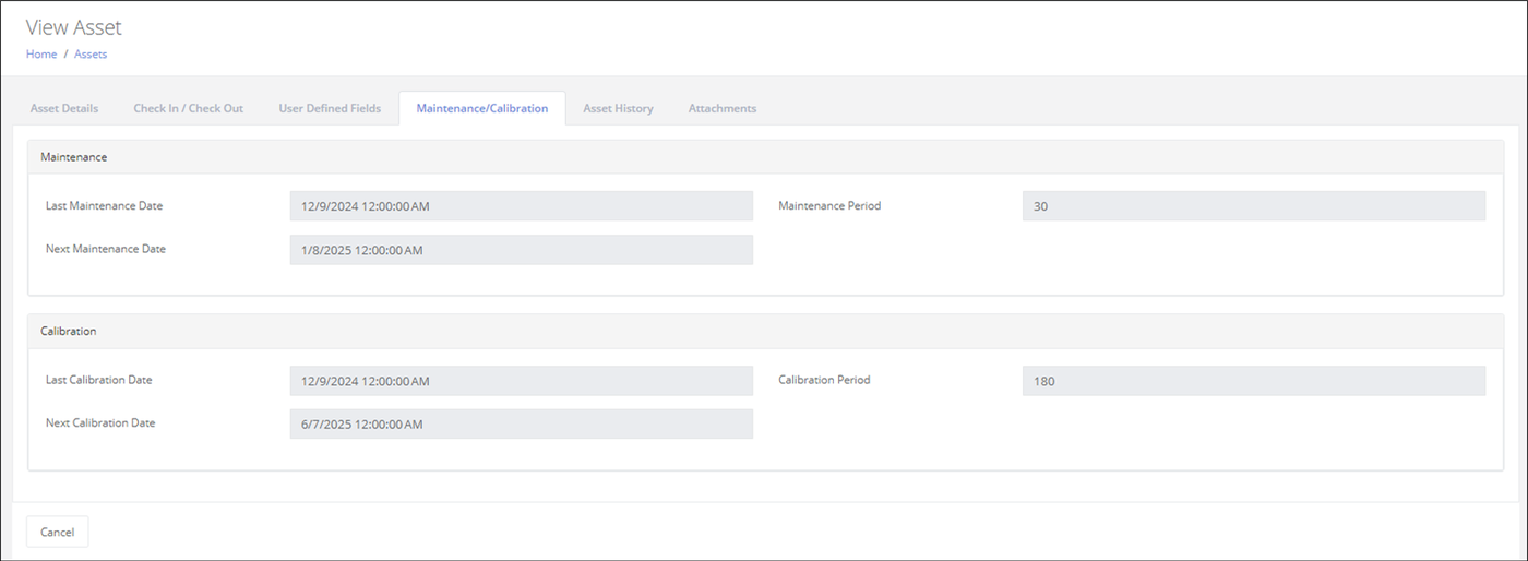 View Asset page, Maintenance/Calibration tab, showing last and next maintenance and calibration dates with their periods